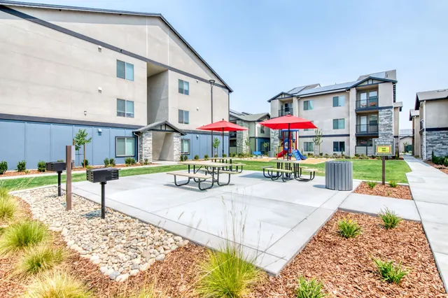 Courtyard with picnic tables, BBQ grills and umbrellas