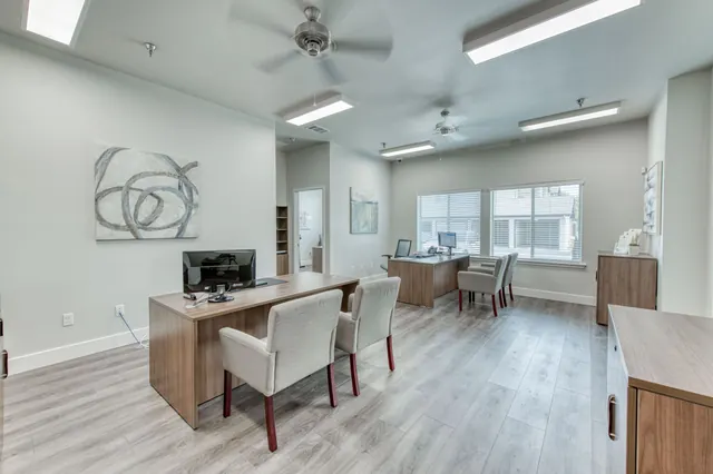 Desk and seating inside the clubhouse