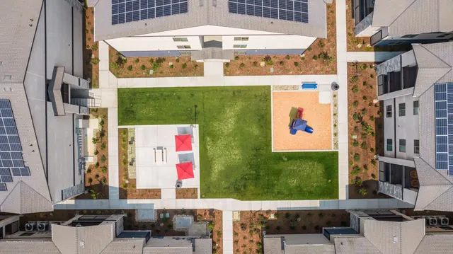 Overhead view of the courtyard lawn and playground