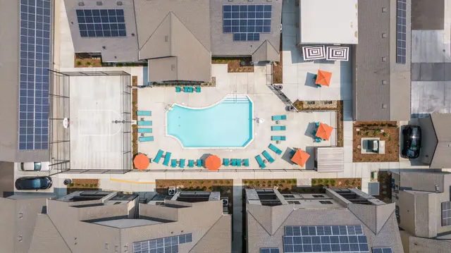 Overhead view of the pool deck and umbrellas