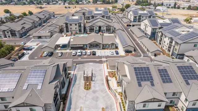 Aerial view of the clubhouse and entry drive