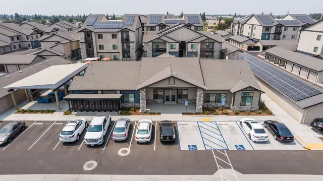 Aerial view of the clubhouse and parking