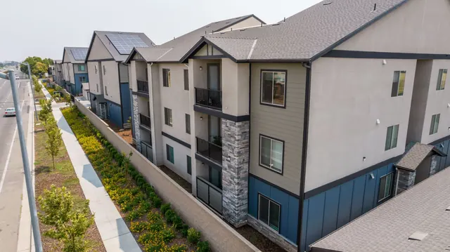 Aerial view of a building's front facade