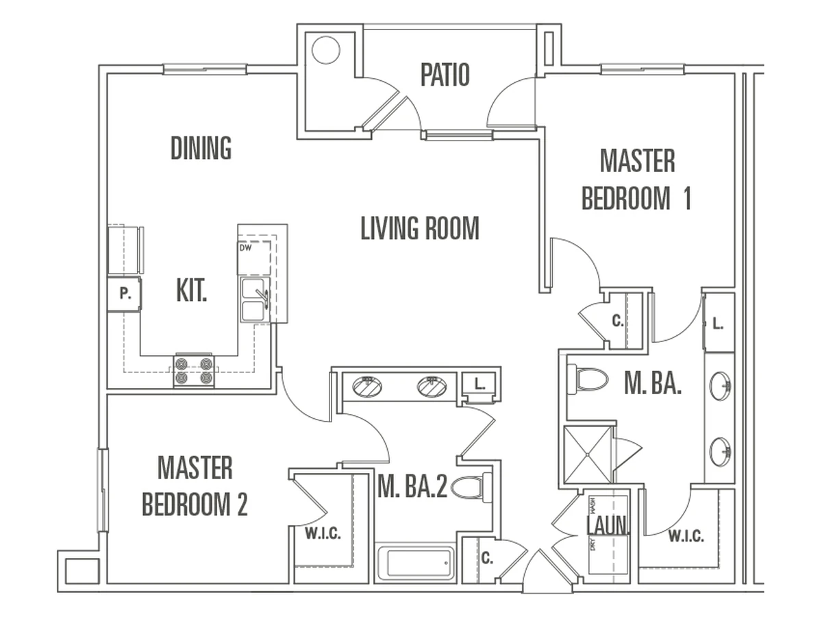 Floor plan for the Florence two-bedroom with two primary bedrooms, Plan C