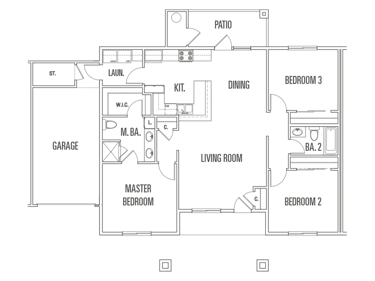 Floor plan for the Portofino three-bedroom with attached garage, Plan D