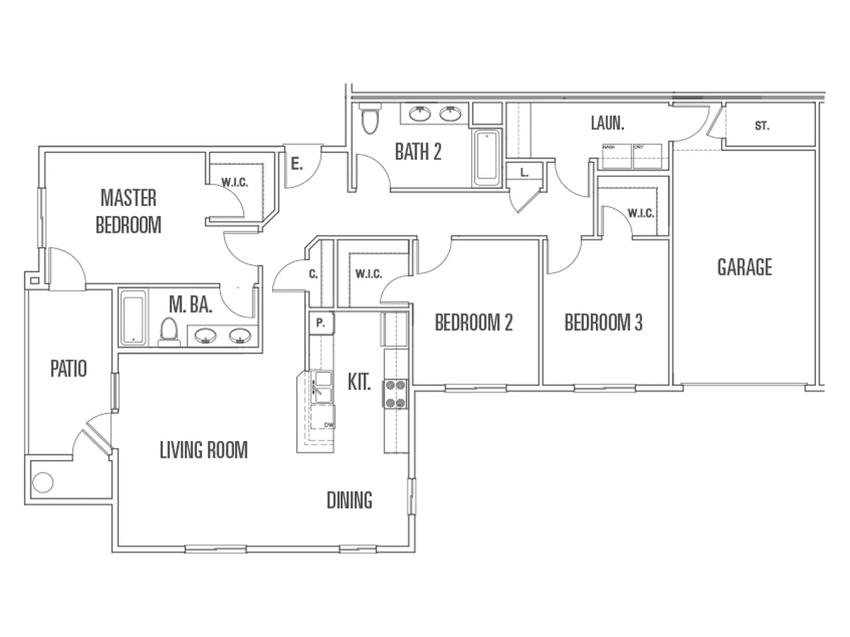 Floor plan for the Portofino three-bedroom with attached garage, Plan E2
